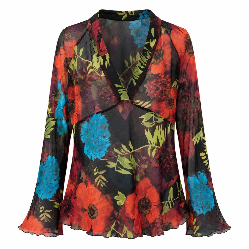 Chico's Silk Floral Blouse Women Size 2 Large Ethereal Boho Sheer Bell Sleeve
